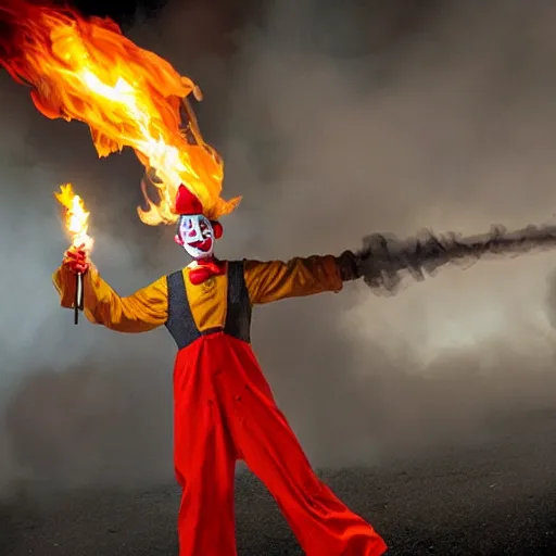 Image similar to photo of a clown using a flamethrower projecting a long flame. award-winning, highly-detailed