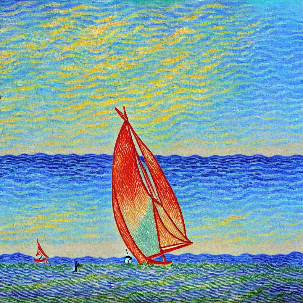 Image similar to beautiful Rolling waves, with a distant, red sailed yacht in the style of Monet and Signac and painted in a style of painting similar to Van Gogh but more impasto and less hatching