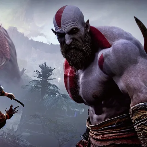 Image similar to screenshot of the game God of War with Kratos fighing a Rhinoceros beetle kaiju | Sony Pictures official media