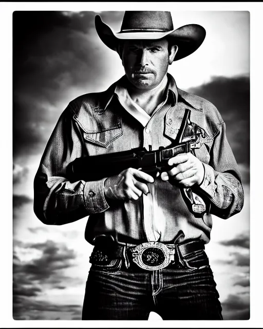 Prompt: portrait of cowboy holding revolver, detailed medium format photo, polaroid still, black and white, western, high production value, intricate details, high resolution, hyperrealistic, hdr, high definition, award winning photography, masterpiece, ultra realistic, highly detailed, hd, sharp focus, cinematic lighting, shaded, non blurry, sharp, smooth