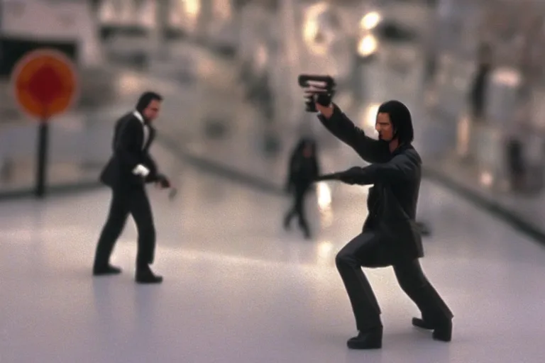 Image similar to beautiful hyperrealism three point perspective film still of Keanu Reeves as neo in bullet time aiming at agent smith in a nice oceanfront promenade motorcycle chase scene in Matrix meets ronin(1990) extreme closeup portrait in style of 1990s frontiers in translucent porcelain miniature street photography fashion edition,, tilt shift style scene background, soft lighting, Kodak Portra 400, cinematic style, telephoto by Emmanuel Lubezki