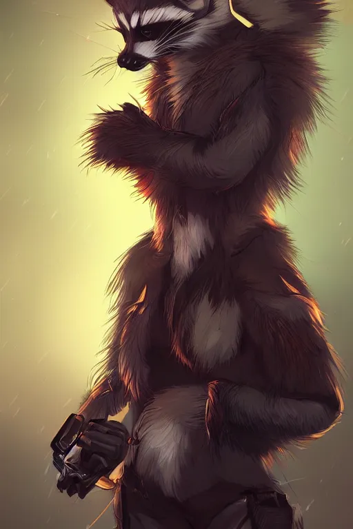 Prompt: a racoon fursona, trending on artstation, by kawacy, furry art, digital art, cyberpunk, high quality, backlighting