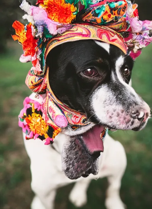 Prompt: 3 5 mm macro photography of a dog wearing a floral headdress and paisley suit