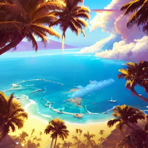 Image similar to a painting a breathtaking aerial view of Hawaiian islands with Pirates, surrounded by palm trees, clouds, flowers, volcano, azure ocean, sunlight glistening, glow, , a detailed matte painting by sylvain sarrailh, Stephan Martinière, by RHADS, Makoto Shinkai, bokeh, Artstation contest winner, fantasy art, concept art, #vfxfriday