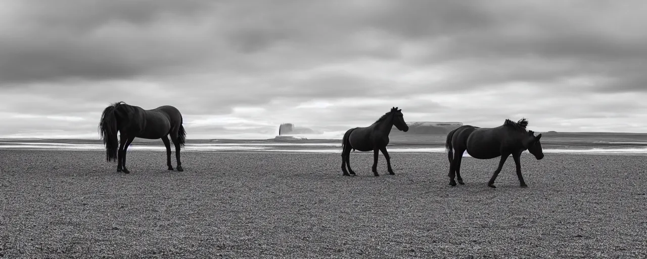 Image similar to low angle cinematic shot of lone futuristic horse in the middle of an endless black sand beach in iceland, iceberg, 2 8 mm