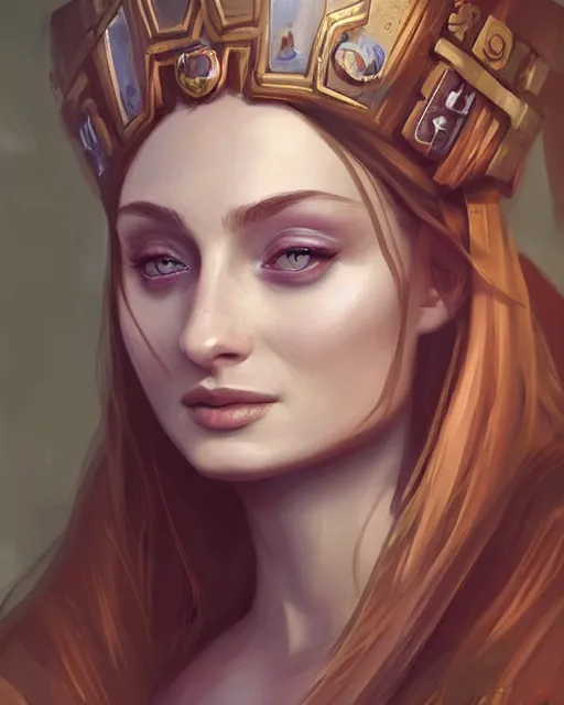 Prompt: a stunning portrait of sophie turner as an ancient greek priestess, smiling, digital art by ross tran and angel ganev, highly detailed, trending on artstationhq