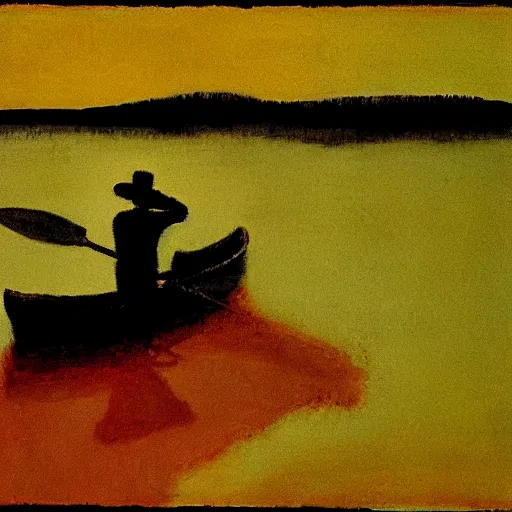 Image similar to silhouette of a man standing in a rowboat, lake, whisps of fog, moonlit night, by peter doig