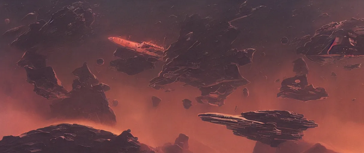 Image similar to concept art, a single spaceship, a ship drifting, deep space exploration, the expanse tv series, industrial design, dynamic angle, motion, spatial phenomena, cinematic lighting, 4k, greebles, widescreen, wide angle, beksinski, sharp and blocky shapes