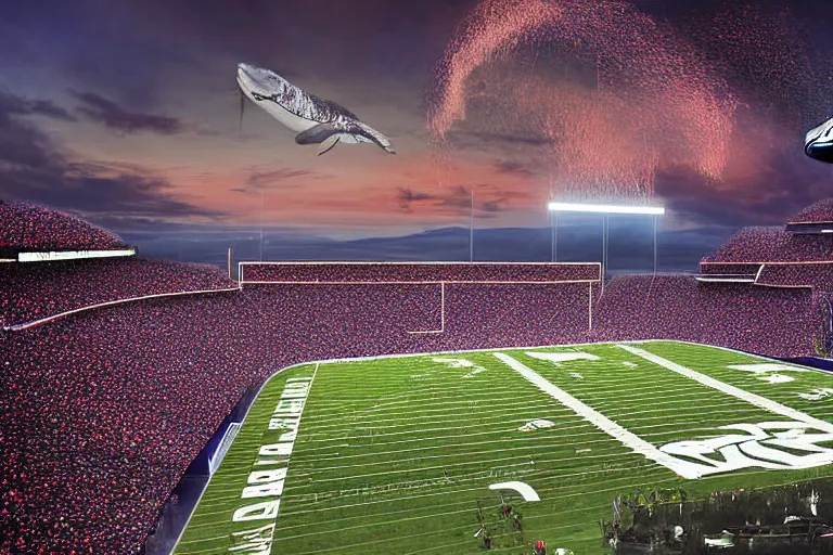 Image similar to whale flying above an NFL football game photograph realistic stadium lighting