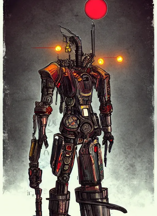 Image similar to a retrofuturism robot hunter from bloodborne in yharnam, style by retrofuturism, faded red and yelow, by malcolm smith