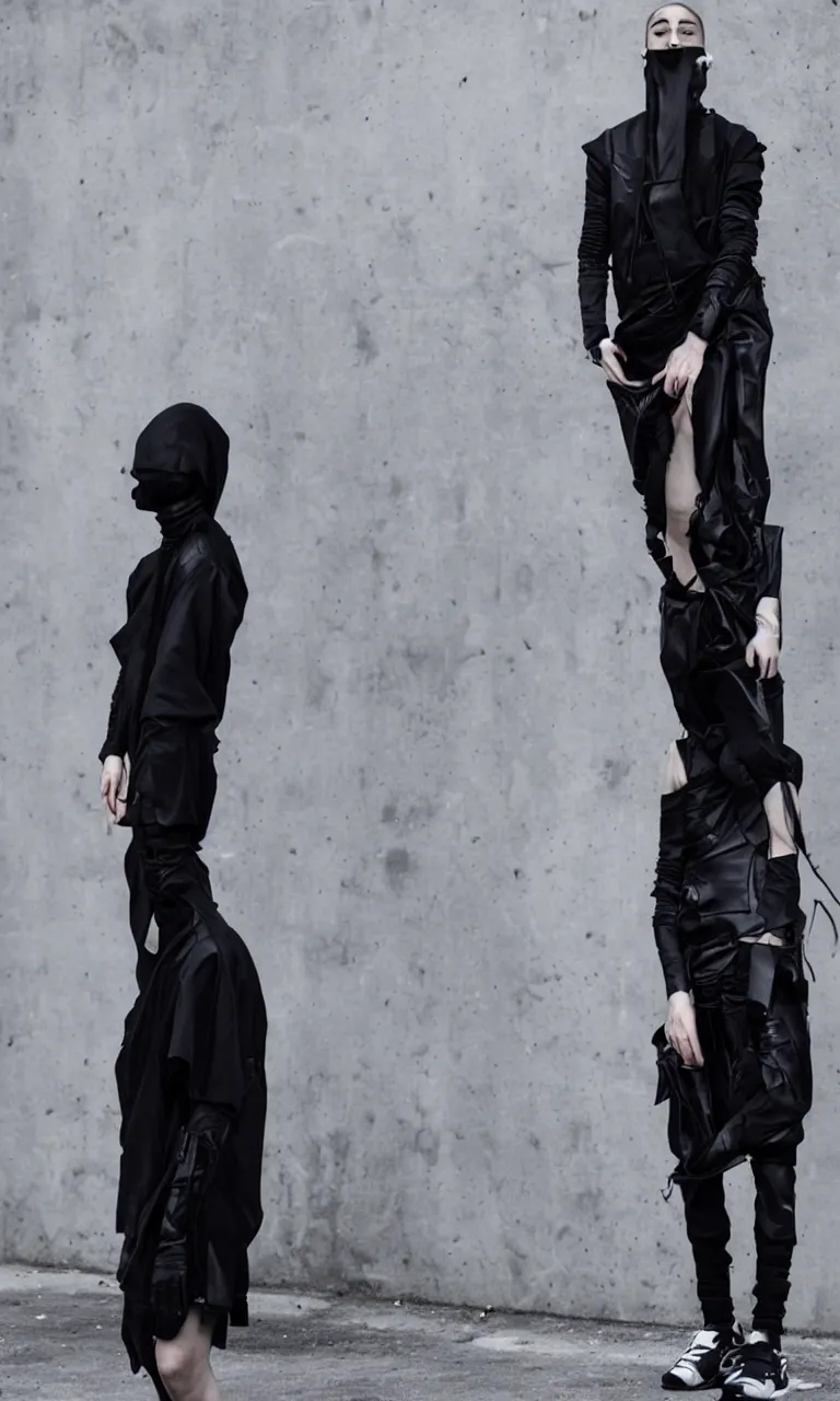 Image similar to beautiful androgynous techwear look and clothes, avant garde fashion, Rick Owens, Y3, trending on r/streetwear, fit pic