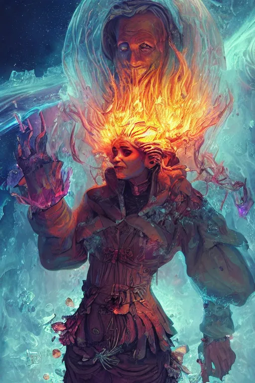 Prompt: frozen elderly person, necromancer, witch - doctor covered with ice exploding into fire, electricity highly detailed, high contrast, light reflection, trippy, nebula, trending on artstation by artgem, by peter mohrbacher, by wlop, by ruan jia