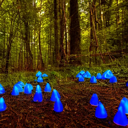 Image similar to blue glowing jello mushrooms in a mystical forest, firefly exposure trails in foreground