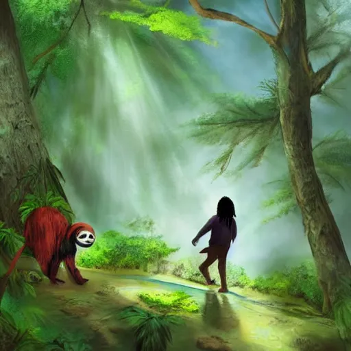 Prompt: bob marley walking though the woods past a hut and sees a wooden poison dart frog and sloth. he picks up a full jug of water, digital art, artstation, ultra detailed, beautiful aesthetic art