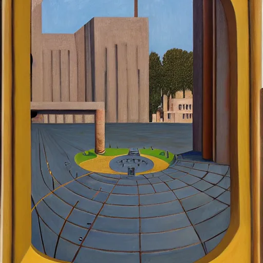 Image similar to first - person view of a stark concrete maze with people looking into portholes, ( ( ( grant wood ) ) ), pj crook, ( ( ( ( ( ( edward hopper ) ) ) ) ) ), oil on canvas