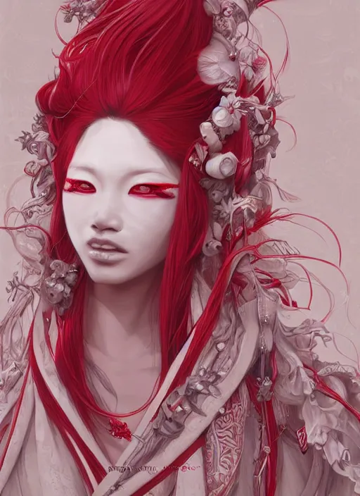 Image similar to albino maiko with very long fantasy hair, dluent composition, red and white neon, concept art, intricate details, highly professionally detailed, cgsociety, highly detailed -