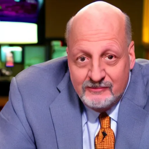 Prompt: Jim Cramer but Cramer's eyes are clocks the clocks are broken he has broken clocks for eyes the hands are falling off and gears are popping out other than that Jim Cramer is normal