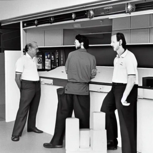 Image similar to photograph of 4 old men wearing white polo shirts and black khaki pants working behind the counter of an enterprise rent - a - car in 1 9 7 5