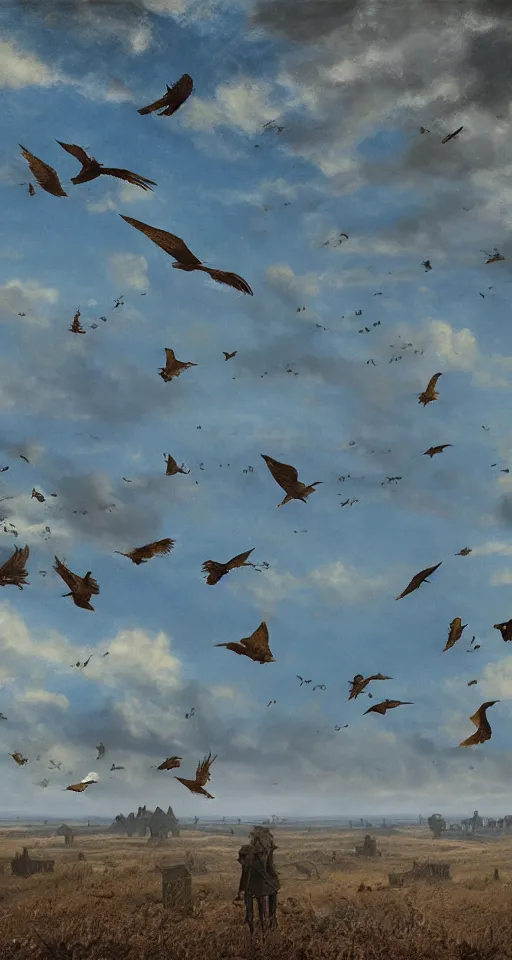 Image similar to birds in the sky, from the game pathologic 2, highly detailed, sharp focus, matte painting, by isaac levitan and asher brown durand,