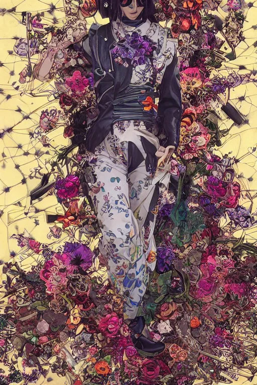 Image similar to cyberpunk fashion model wrapped in flowers and wired, vintage style, by yoichi hatakenaka, masamune shirow, josan gonzales and dan mumford, ayami kojima, takato yamamoto, barclay shaw, karol bak, yukito kishiro