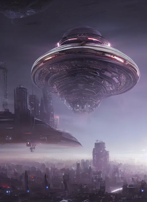 Image similar to a huge alien spaceship floating over tokio at night, low angle shot, highly detailed, very intricate, volumetric lighting, concept art, by asher brown durand and eddie mendoza, featured on artstation, 8 k