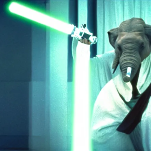 Image similar to a film still of a man with a elephant's head using a Obi Wan Kenobi clothes holding a lightsaber in A New Hope(1977)