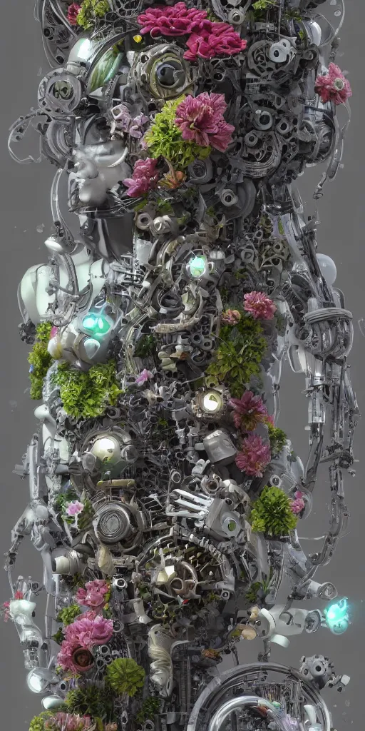 Image similar to a lovely mechanical cornucopia of flowers and human body parts, scifi, futuristic, utopian, machine parts, body parts, wires, circuits, highly detailed, octane render, cinematic