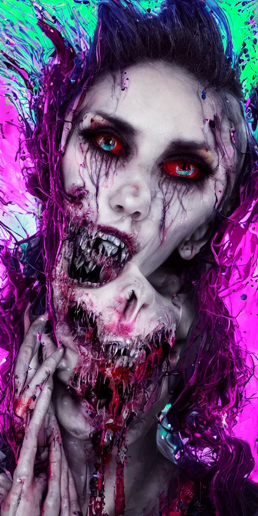 Image similar to impossibly beautiful vampire with large vampire fangs, full body, intricate complexity, horror, psychedelic glitch art, rainbow drip paint, trending on art station, photoreal, 8k, octane render