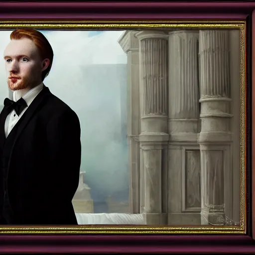 Image similar to pale redhead Donal Glison, dressed in formal suit, cinematic lighting, highly detailed, digital art, Renaissance painting, framed, by Rutkowsky,