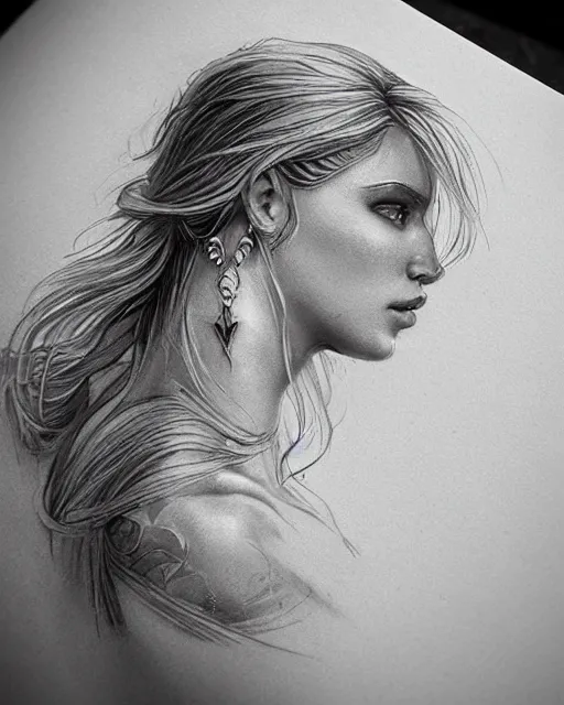 Image similar to tattoo sketch of beautiful greek goddess aphrodite with arrowhead earrings, beautiful piercing eyes, flowing blonde hair, realistic face, hyper realistic, in the style of greg rutkowski, fantasy, amazing detail, epic, intricate, elegant, smooth, sharp focus