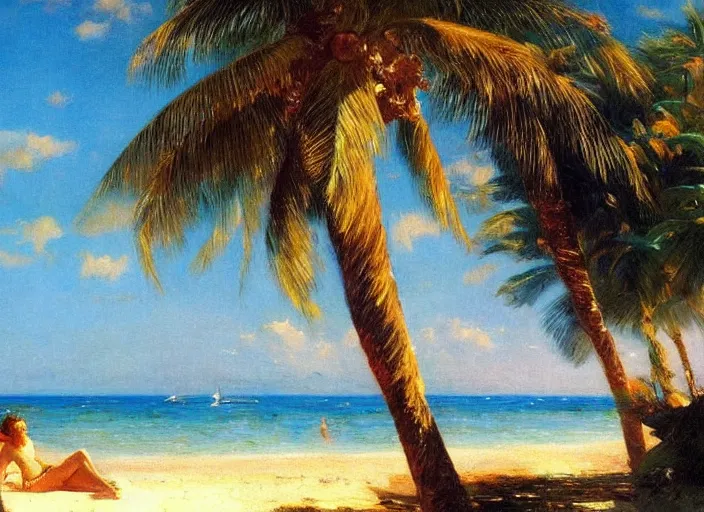 Image similar to a beautiful tropical beach with palm trees by alexander averin and delphin enjolras