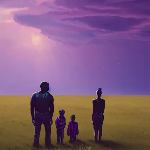 Image similar to A painting of Kanye West and his family looking on at the horizon, afrofuturism, Simon Stalenhag, 8K concept art, purple skies, intricate details, minimal artifacting