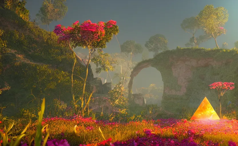 Image similar to a crystal tetrahedron!!! in the middle of ancient ruins in a lush prehistoric jungle, inside a humongous cave, red and magenta flowers, sunset, godrays, orange and blue sky, haze, volumetric lighting, a high - quality render, photorealistic, unreal engine 5