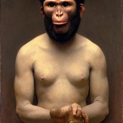 Prompt: portrait bust of an australopithecus man wearing 1 9 th century french clothing by william bouguereau, alexandre cabanel, oil on canvas, 1 8 8 5, musee d'orsay