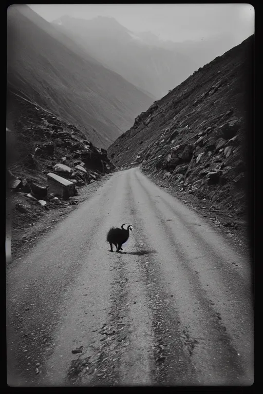 Prompt: photo polaroid of a sad and lonely child in the middle of a mountain road , Nepal,Himalayas, loneliness,,tahr , black and white ,photorealistic, 35mm film,