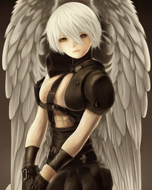 Prompt: hybrid nierautomata painting, ambient lighting, angel relief, cute - fine - face, infinitely detailed architectures