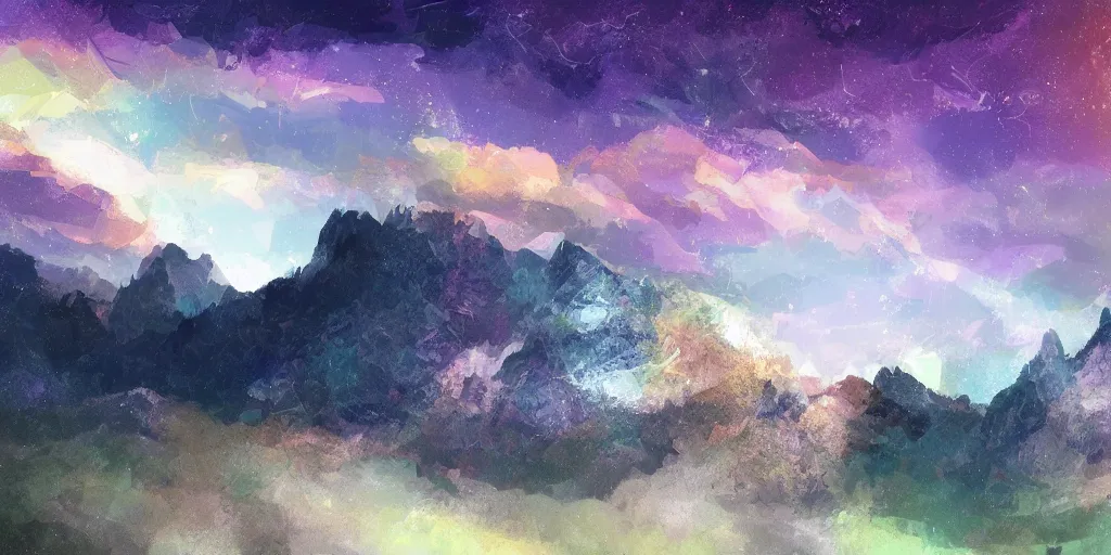 Image similar to willem dafoe, mountain landscape, night sky, digital art, digital painting, celestial, majestic, colorful