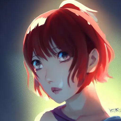 Prompt: wlop, rossdraws sakimimichan, ilya kuvshinov, krenz cushart, greg rutkowski. gorgeous anime girl symmetrical face, short red hair, crop top, daisy dukes shorts, light effect. hyper detailed, character concept, glowing lights!! intricate, elegant, digital painting, artstation, smooth, sharp focus