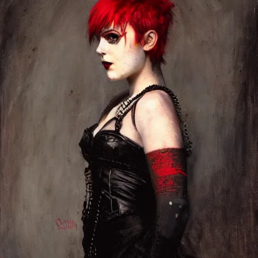 Image similar to Solomon Joseph Solomon and Richard Schmid and Jeremy Lipking victorian genre painting portrait painting of a young beautiful woman punk rock goth with punk rock haircut in fantasy costume, red background