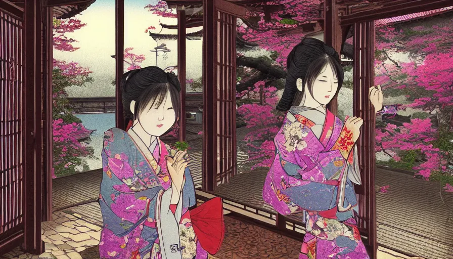 Image similar to eizin suzuki style digital painting of a beautiful girl in japan, looking out a window at a temple garden filled with yokai and spirits, uhd, high detail,