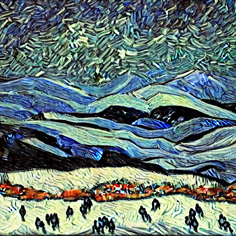 Image similar to thick impasto textured oil black and white painting of the laurentian appalachian mountains in winter by vincent van gogh, unique, original and creative landscape, snowy night, distant town lights, aurora borealis, deers and ravens, footsteps in the snow, brilliant composition