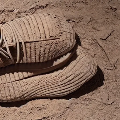 Image similar to archaeologists find a mummy wearing yeezy boost 3 5 0 v 2