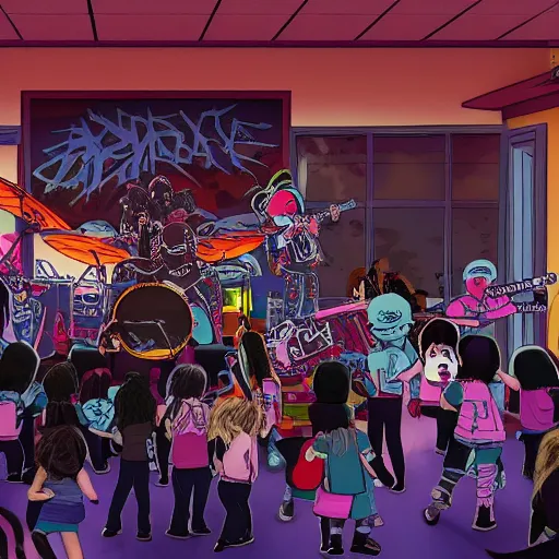 Image similar to of an heavy metal band playing in a kindergarten, highly detailed, realistic