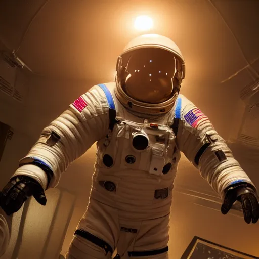 Image similar to full body pose, hyperrealistic photograph of astronaut at a frat party, dim volumetric lighting, 8 k, octane beautifully detailed render, extremely hyper detailed, intricate, epic composition, cinematic lighting, masterpiece, trending on artstation, very very detailed, stunning, hdr, smooth, sharp focus, high resolution, award, winning photo, dslr, 5 0 mm