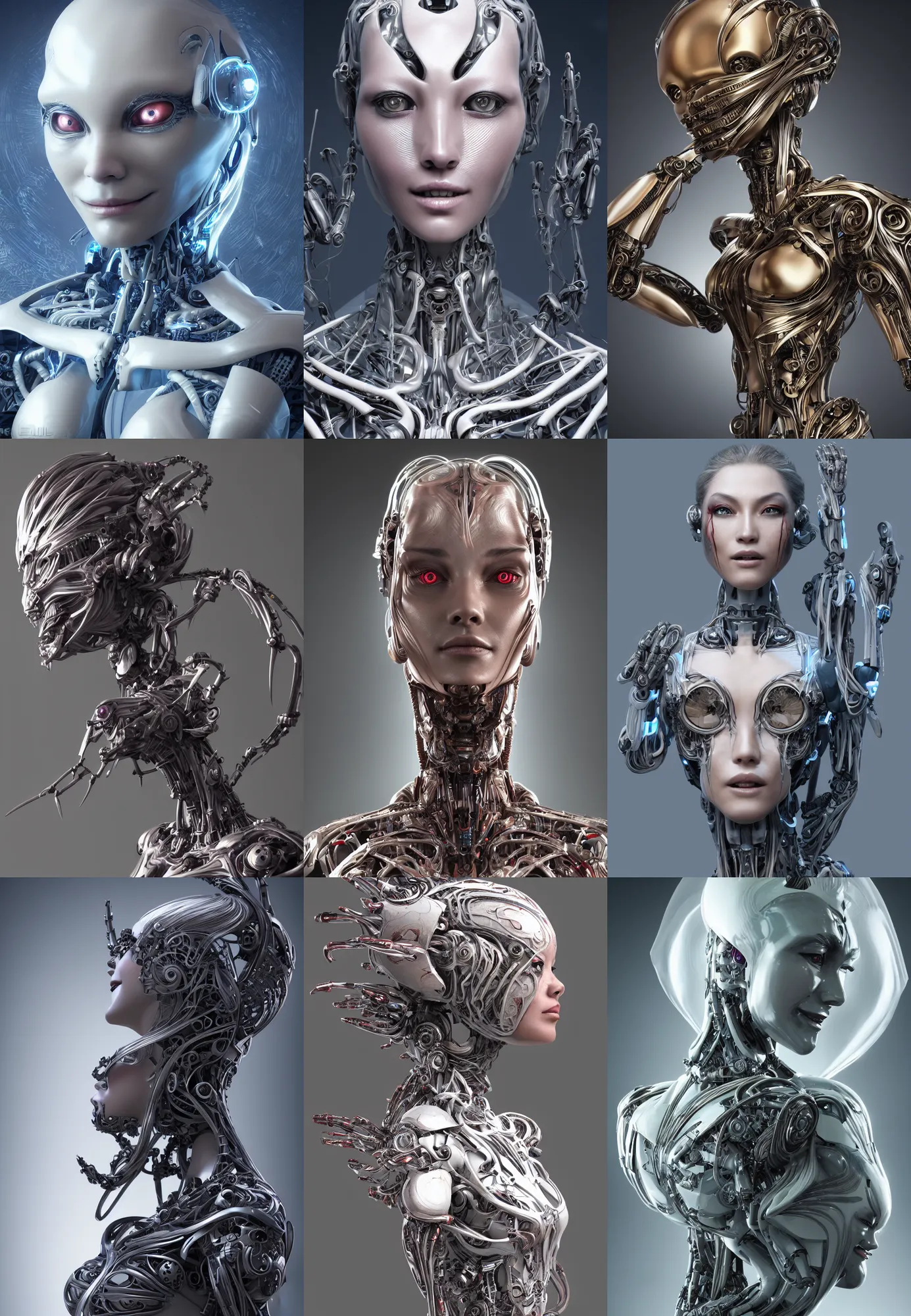 Prompt: perfectly centered portrait, front view of a beautiful biomechanical android alien robot wuxia female, flowing hair, intense stare, sarcastic smile, symmetrical, concept art, intricate detail, volumetric shadows and lighting, realistic glass sculpture, octane render, unreal engine