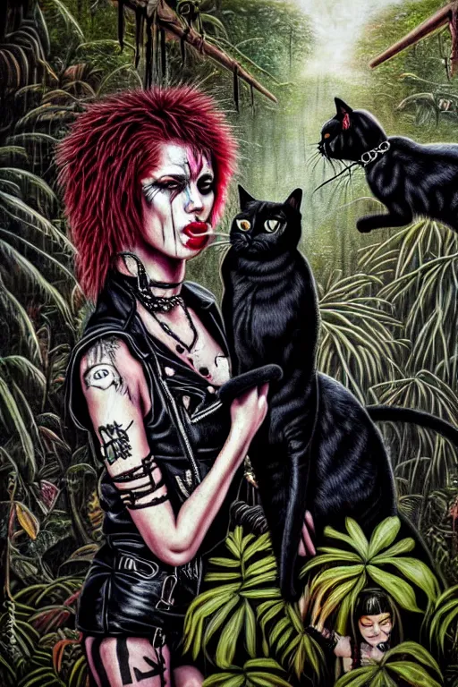 Image similar to punk rock girls kissing and making selfie with black cats in jungle , 1980 style, mad max jacket, post apocalyptic, Cyberpunk, renaissance, Gothic, mystic, highly detailed, 4k, fog, oil painting on canvas, Kubrick movie, hyper realistic style, fantasy by Olga Fedorova