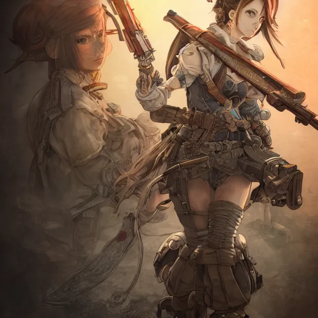 Image similar to the portrait of lawful neutral semi - colorful female infantry gunner as absurdly beautiful, gorgeous, elegant, young anime woman, an ultrafine hyperdetailed illustration by kim jung gi, irakli nadar, intricate linework, bright colors, octopath traveler, final fantasy, unreal engine 5 highly rendered, global illumination, radiant light, detailed and intricate environment