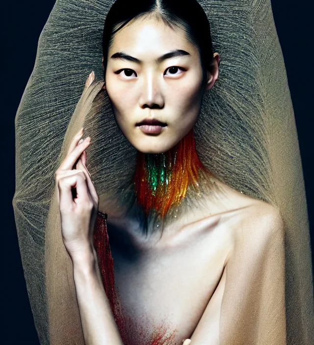 Prompt: photography facial portrait of liu wen, natural background, sensual lighting, natural fragile pose, wearing stunning cape by iris van herpen, with a colorfull makeup. highly detailed, skin grain detail, photography by paolo roversi, nick knight, helmut newton, avedon, araki