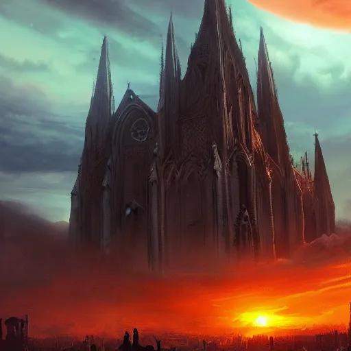 Image similar to powerful epic invasion, gothic church un the middle of the scene, sunset orange clouds, trending artstation