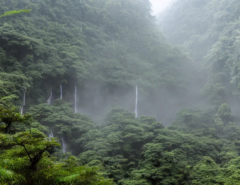 Image similar to a cinematic widescreen photo of epic ancient japanese hot springs temples on the top of a mountain in a misty bamboo cloud forest with waterfalls in winter by lee madgewick and studio ghibli